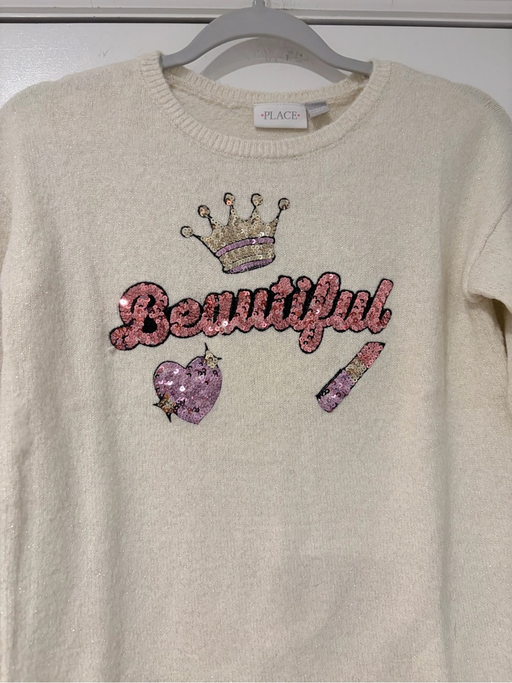 Place Cream Sweater with Pink Sequin 'Beautiful' Graphic - Picture 4 of 7